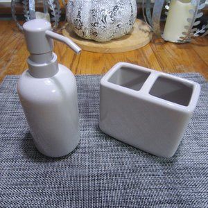Coordinated Grey Soap Dispenser and Toothbrush Holder